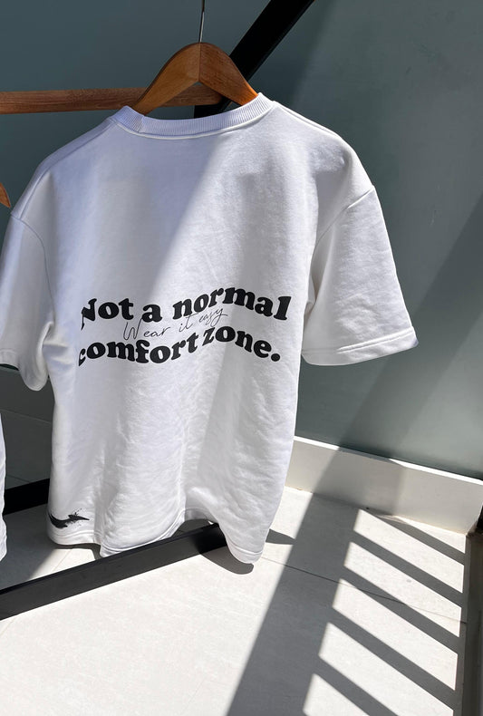 Cozic White Graphic Oversized T-Shirt – “Not a Normal Comfort Zone”