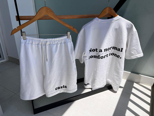 Cozic White Oversized Summer Set – Graphic T-Shirt & Sweat Shorts